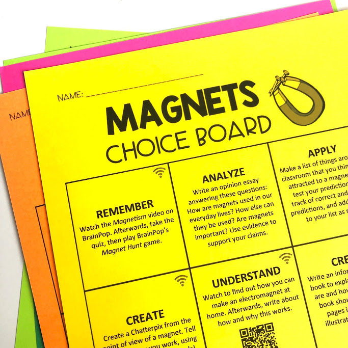 I love using choice boards, like this magnets choice board, to help cover science and social studies standards. 