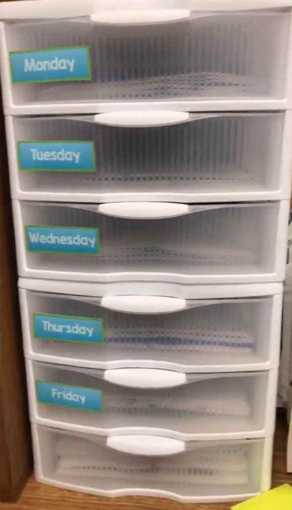 Use plastic drawers to organize copies. 