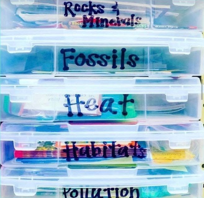 Classroom organization tips - use scrapbooking bins for store units. 