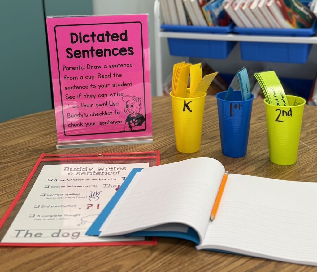 writing night activity: dictated sentences with current phonics skills