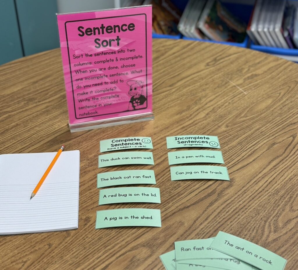 writing night activity: complete and incomplete sentence sort